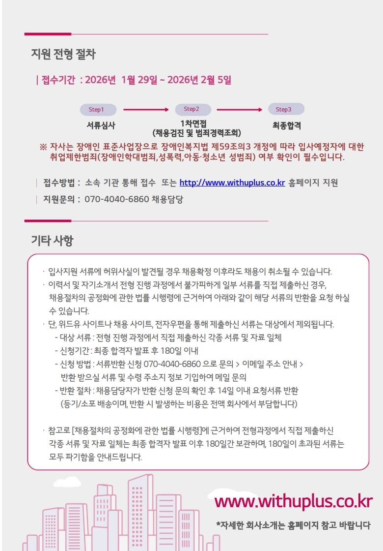 지원 전형 절차 접수기간: 2026년 1월 29일 ~ 2026년 2월 5일 step1 서류 심사 step2 1차 면접 (채용검진 및 범죄경력조회) step3 최종합격 ※자사는 장애인 표준사업장으로 장애인복지법 제59조의3 개정에 따라 입사예정자에 대한 취업제한범죄(장애인학대범죄, 성폭력, 아동·청소년 성범죄) 여부 확인이 필수입니다. 접수방법: 소속 기관 통해 접수 또는 http://www.withuplus.co.kr 홈페이지 지원 지원문의: 070-4040-6860 채용담당 기타 사항 입사지원 서류에 허위사실이 발견될 경우 채용확정 이후라도 채용이 취소될 수 있습니다. 이력서 및 자기소개서 전형 진행 과정에서 불가피하게 일부 서류를 직접 제출하신 경우, 채용절차의 공정화에 관한 법률 시행령에 근거하여 아래와 같이 해당 서류의 반환을 요청 하실 수 있습니다. 단, 위드유 사이트나 채용 사이트, 전자우편을 통해 제출하신 서류는 대상에서 제외됩니다. -대상 서류: 전형 진행 과정에서 직접 제출하신 각종 서류 및 자료 일체 - 신청기간: 최종합격자 발표 후 180일 이내 -신청 방법: 서류반환 신청 070-4040-6860으로 문의> 이메일 주소 안내 > 반환 받으실 서류 및 수령 주소지 정보 기입하여 메일 문의 -반환 절차: 채용담당자가 반환 신청 문의 확인 후 14일 이내 요청서류 반환 (등기/소포 배송이며, 반환 시 발생하는 비용은 전액 회사에서 부담합니다) 참고로 [채용절차의 공정화에 관한 법률 시행령]에 근거하여 전형과정에서 직접 제출하신 각종 서류 및 자료 일체는 최종합격자 발표 이후 180일간 보관하며, 180일이 초과된 서류는 모두 파기함을 안내드립니다. www.withuplus.co.kr *자세한 회사소개는 홈페이지 참고 바랍니다